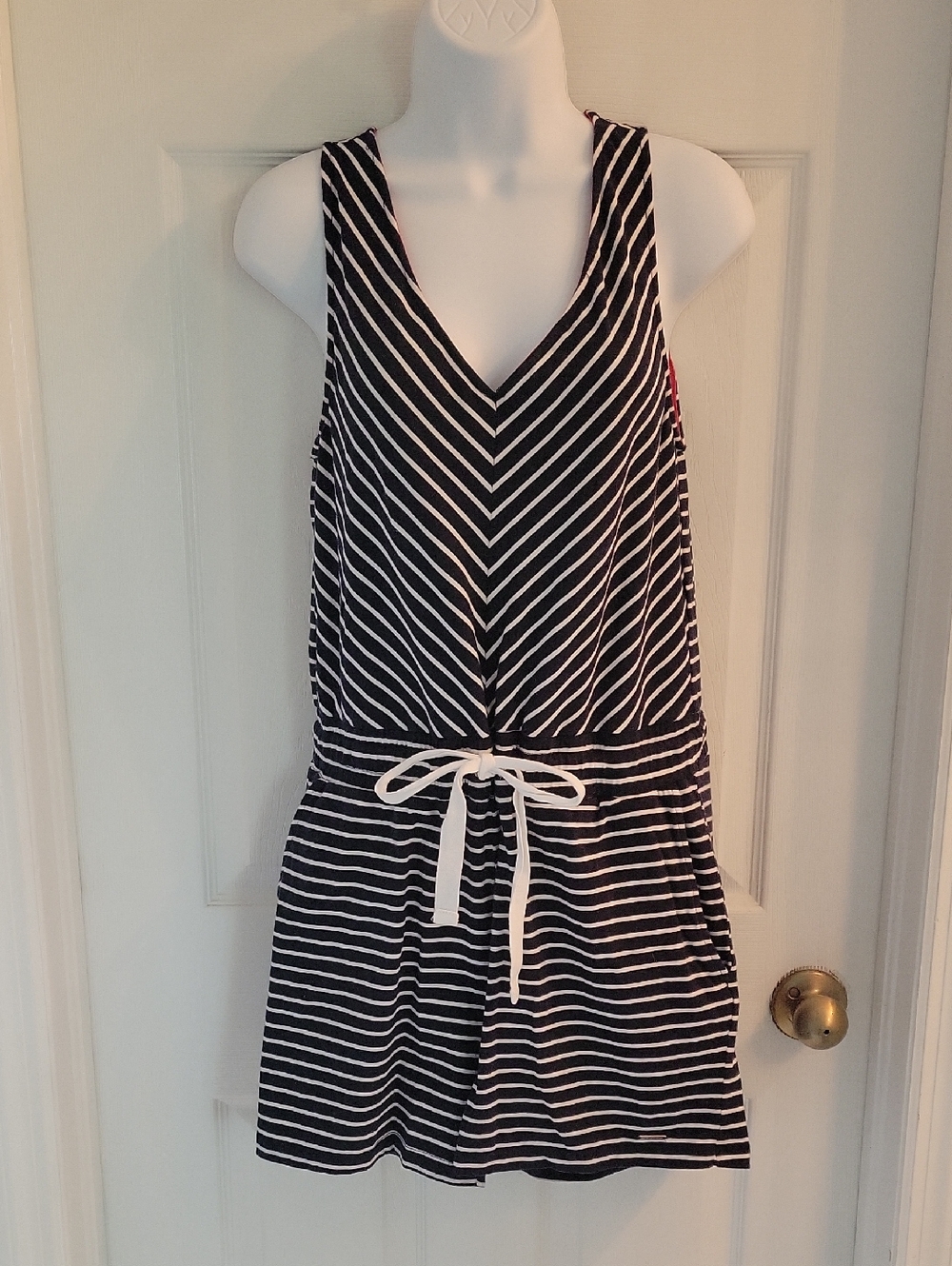Nautica Navy and White Striped Sleeveless Romper with Red Trim